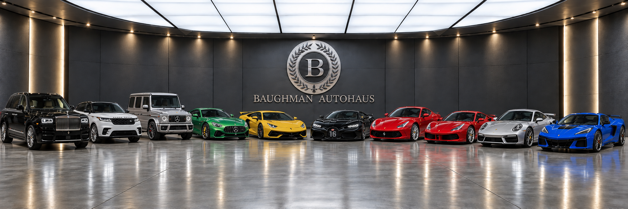 Baughman Autohaus garage with its illuminated crest and luxury vehicle collection