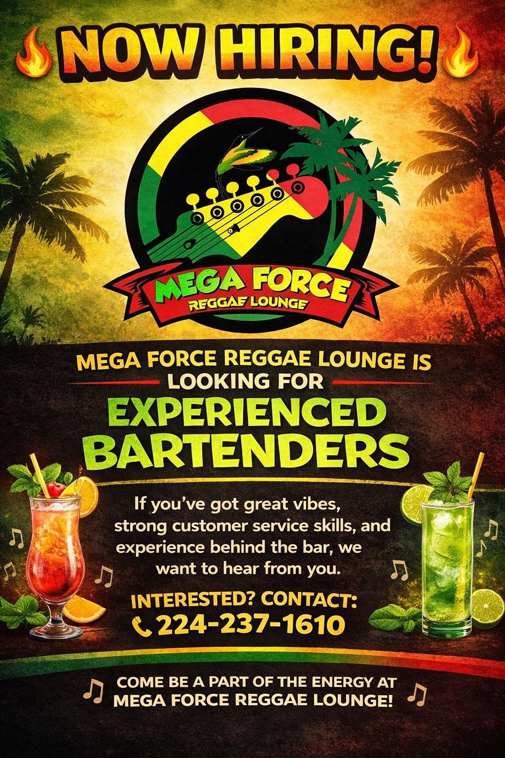 Now Hiring Experienced Bartenders at Mega Force Reggae Lounge