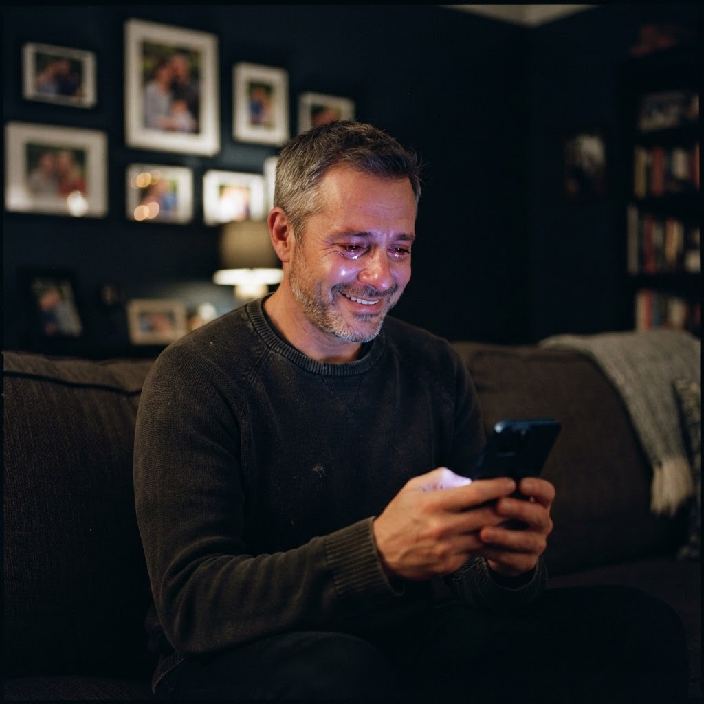A son at home in the evening, smiling as he talks with his late mother through Eterna